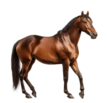 a brown horse walking on a white background