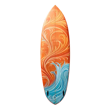 a surfboard with an orange and blue design