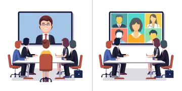 two images of people sitting at desks in front of a computer screen