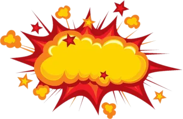 a red and yellow explosion with stars