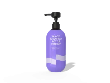 A purple bottle of sham with a black pump on it