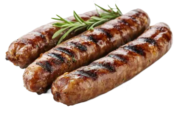 three sausages with rosemary on a white background
