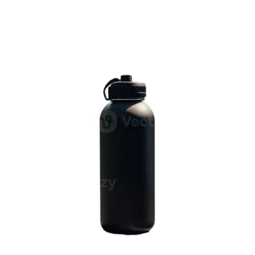 a black water bottle on a white background