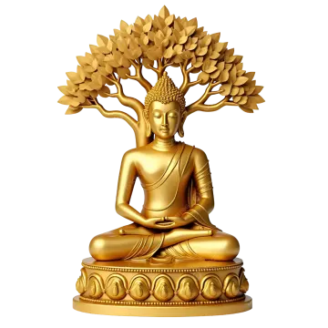 a golden buddha statue sitting under a tree