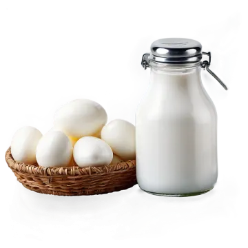 a basket of eggs next to a bottle of milk