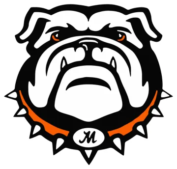 a black and white bulldog head with an orange collar