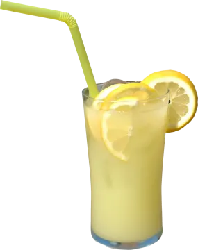 a glass filled with a drink and a lemon slice