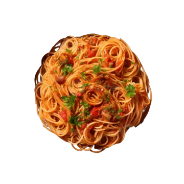 a wooden bowl filled with spaghetti and tomatoes