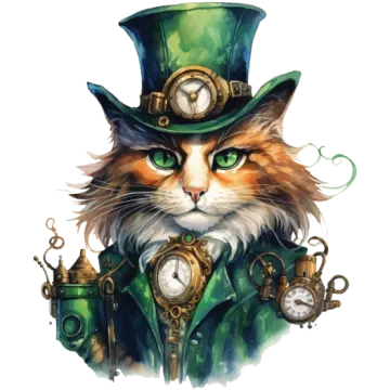 a cat wearing a top hat and holding a clock