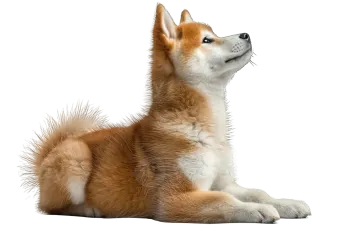 a brown and white dog laying down on the ground