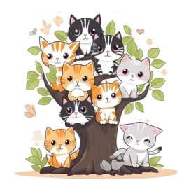 a group of cats sitting on top of a tree