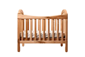 a wooden cribt with white sheets on it