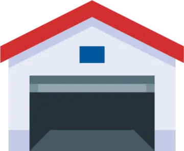 a garage with a red roof and white walls