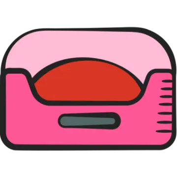 a pink bed with a red pillow