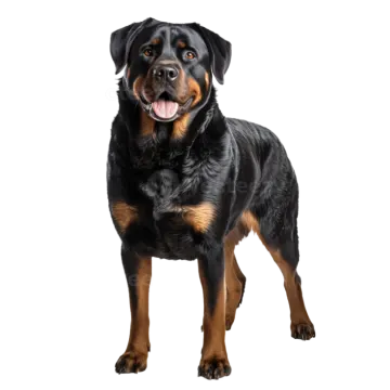 a black and brown dog standing on a white background