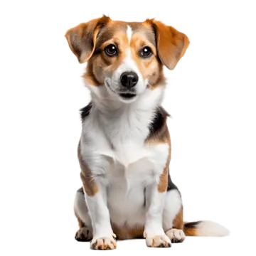 a small brown and white dog sitting down