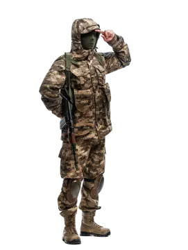 a man in camouflage clothing is talking on the phone
