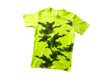 a green camo t - shirt on white background