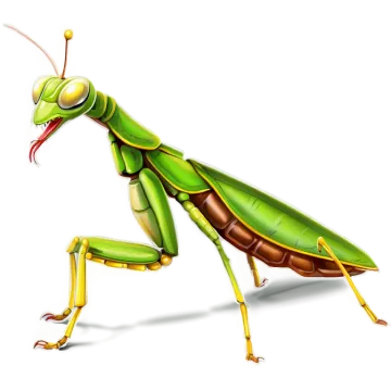 a green praying mantis on a white background
