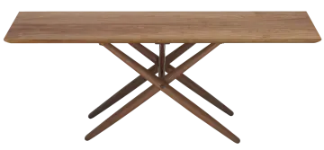 a wooden table with two crossed legs