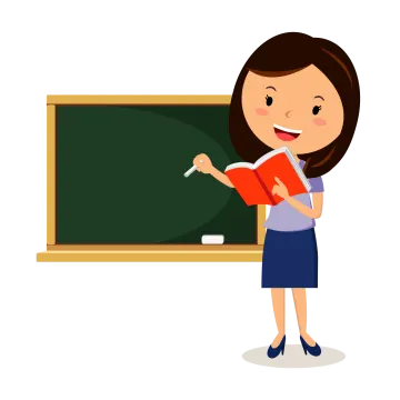 a woman standing in front of a blackboard and holding a book