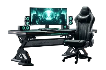 a computer desk with a gaming chair in front of it