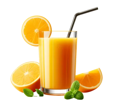 a glass of orange juice next to sliced oranges