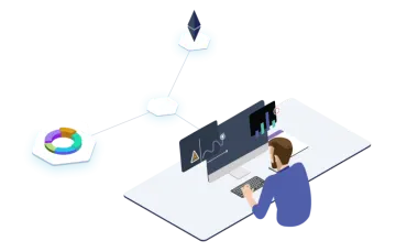 a person sitting at a desk with a laptop and a pie chart