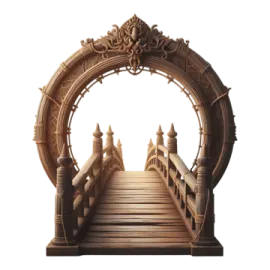a wooden bridge with an ornate arch over it