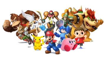a group of nintendo characters standing in front of a white background