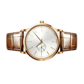 a watch with a white dial and brown leather strap