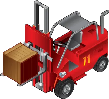 a red fork truck with boxes on the back