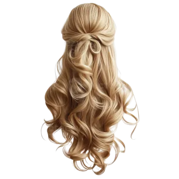 a woman with long blonde hair in a half up ponytail