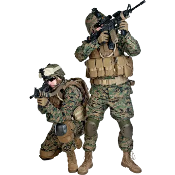 two soldiers in camouflage clothing with rifles