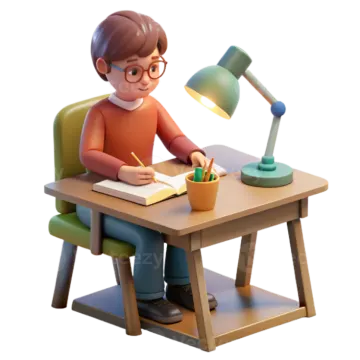 a person sitting at a desk with a book and pen