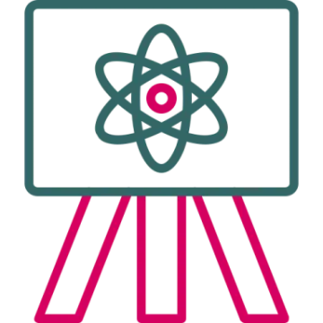 a whiteboard with an atom symbol on it