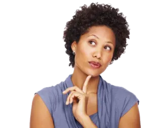 a woman with her hand on her chin looking up at the camera
