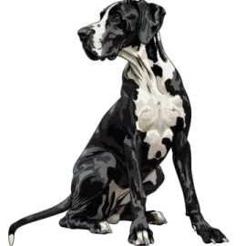 a black and white dog sitting down