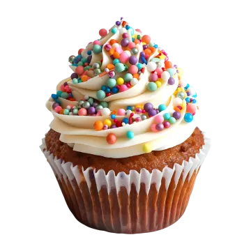 a cupcake with white frosting and sprins