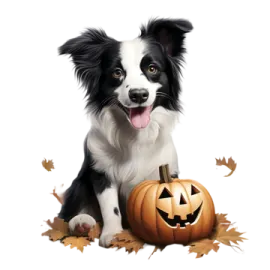 a black and white dog sitting next to a pumpkin