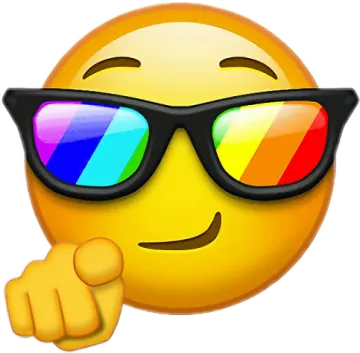 a yellow smiley wearing sunglasses and pointing at the camera