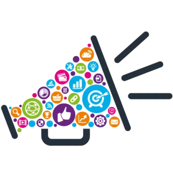 a megaphone with social icons surrounding it