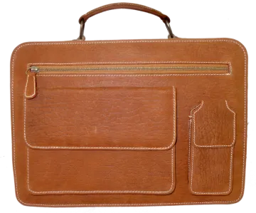 a brown leather briefcase with white stitching