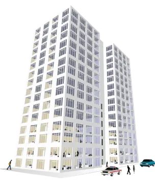 a drawing of a building with people walking around it