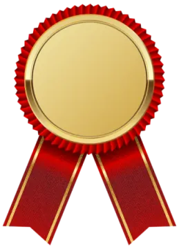 a gold medal with red ribbon