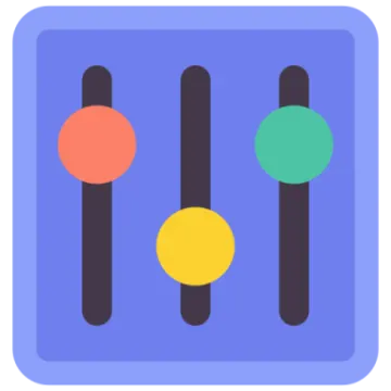 a blue square icon with three different colored circles
