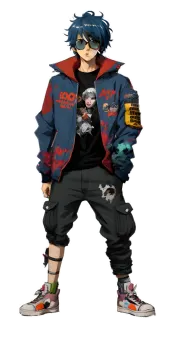 a man with blue hair wearing a red jacket and black pants, standing in front of a white background