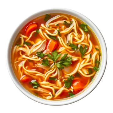 a bowl of chicken noodle soup on a white background