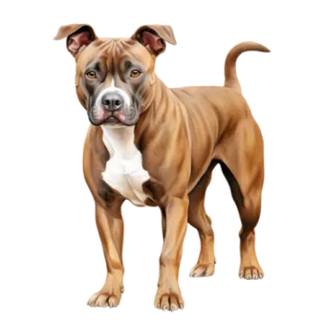 a brown and white dog standing on a white background