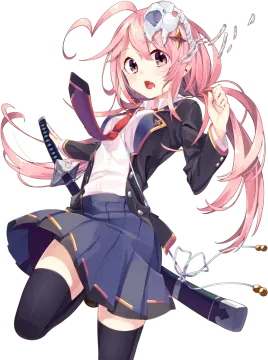 an anime girl with long pink hair, wearing a school uniform and holding a sword
